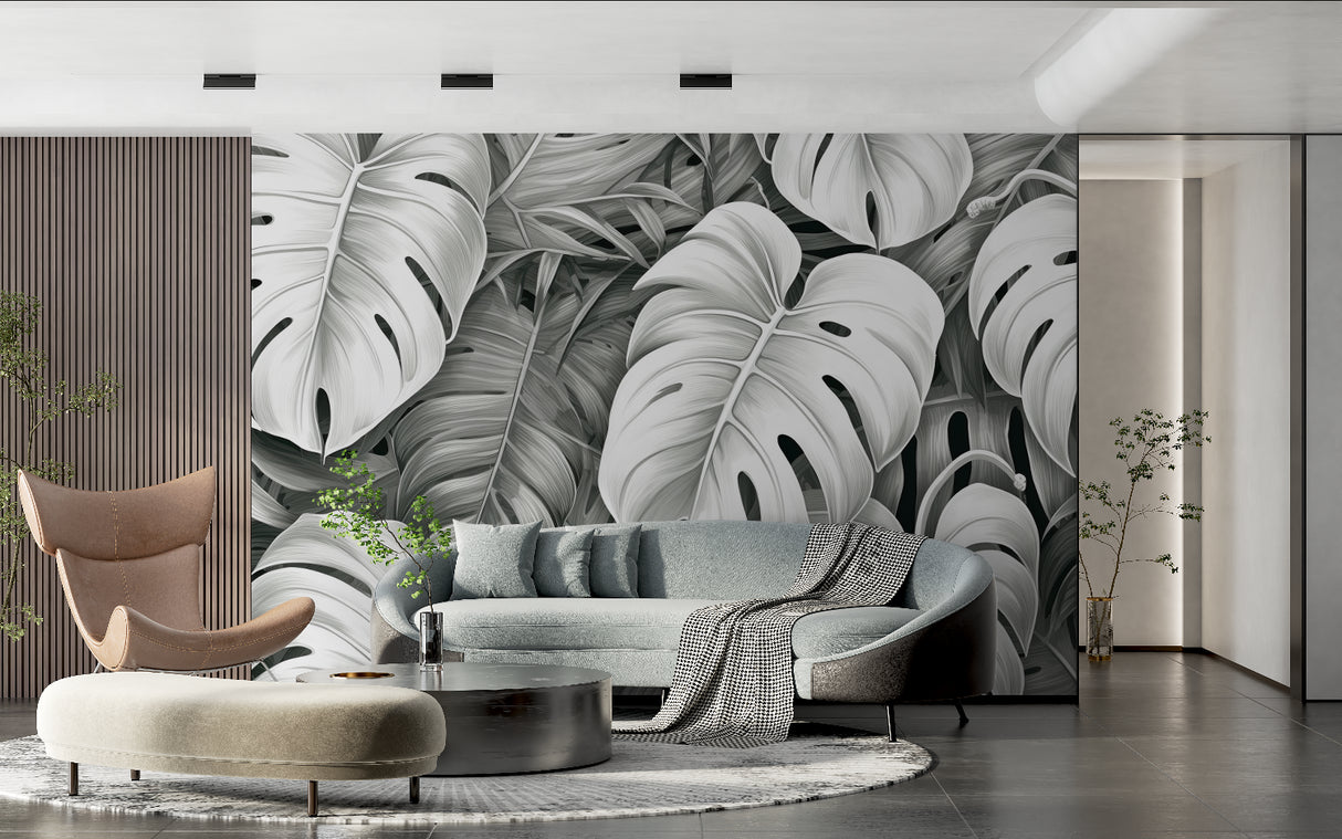 Tropical leaf mural bringing sophistication to minimalist hallway space