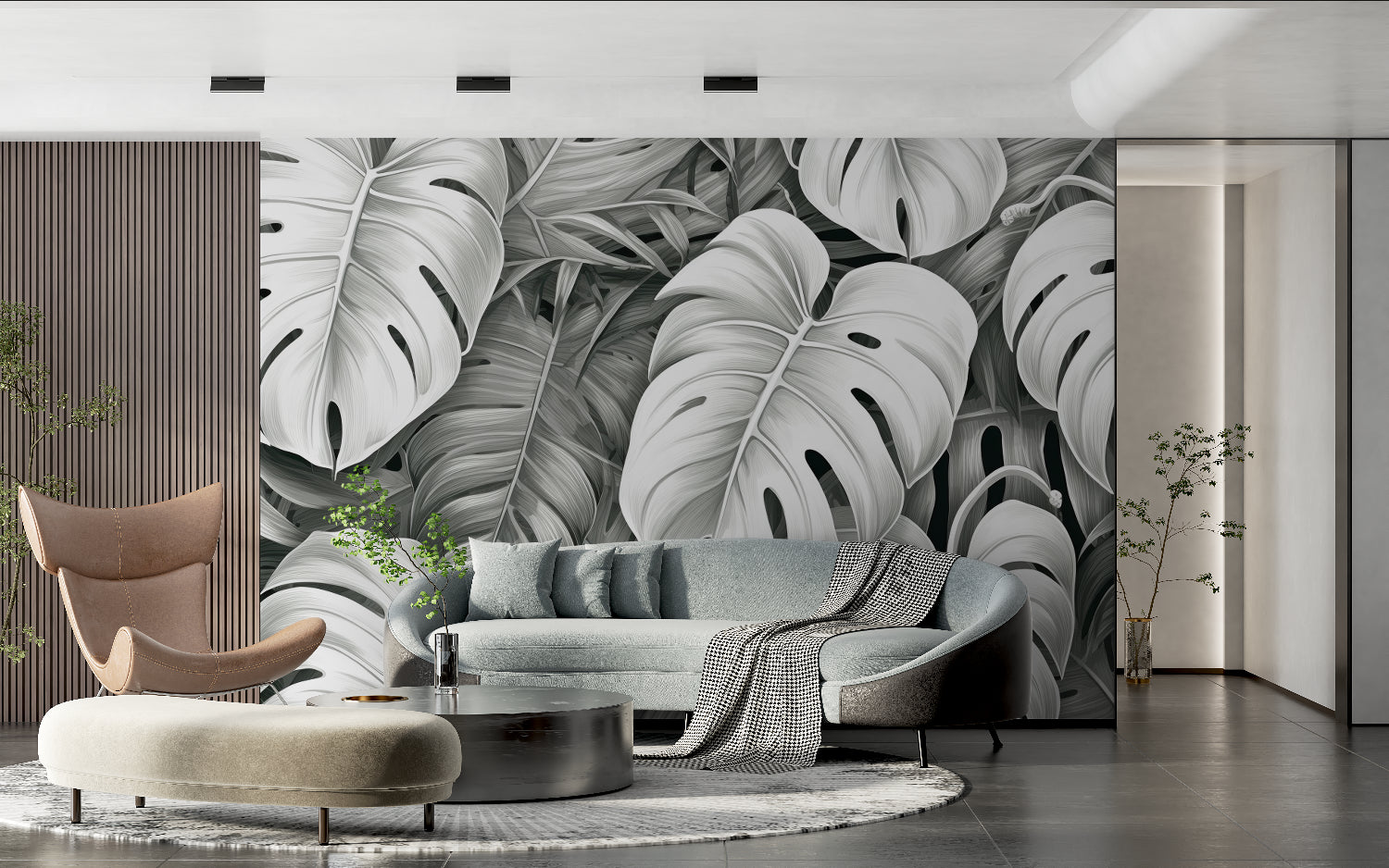 Tropical leaf mural bringing sophistication to minimalist hallway space