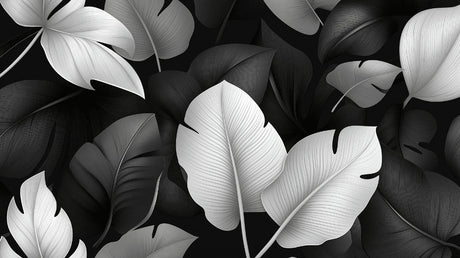 Black and white Monstera leaf wallpaper design file showing detailed tropical pattern