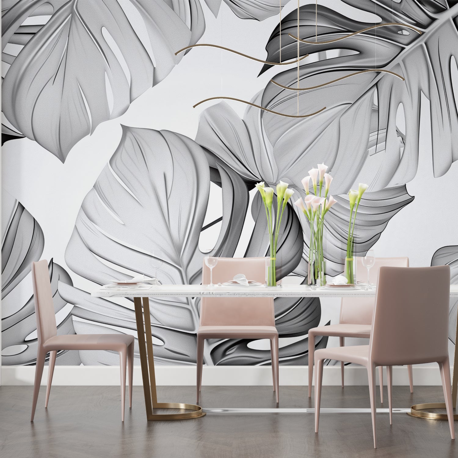 Tropical leaf wallpaper installation in a contemporary home office space