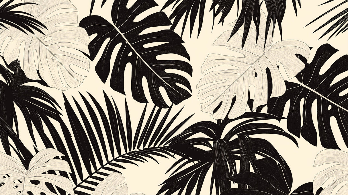 Black and white Monstera leaf wallpaper creating dramatic impact in a modern living room with minimal furniture