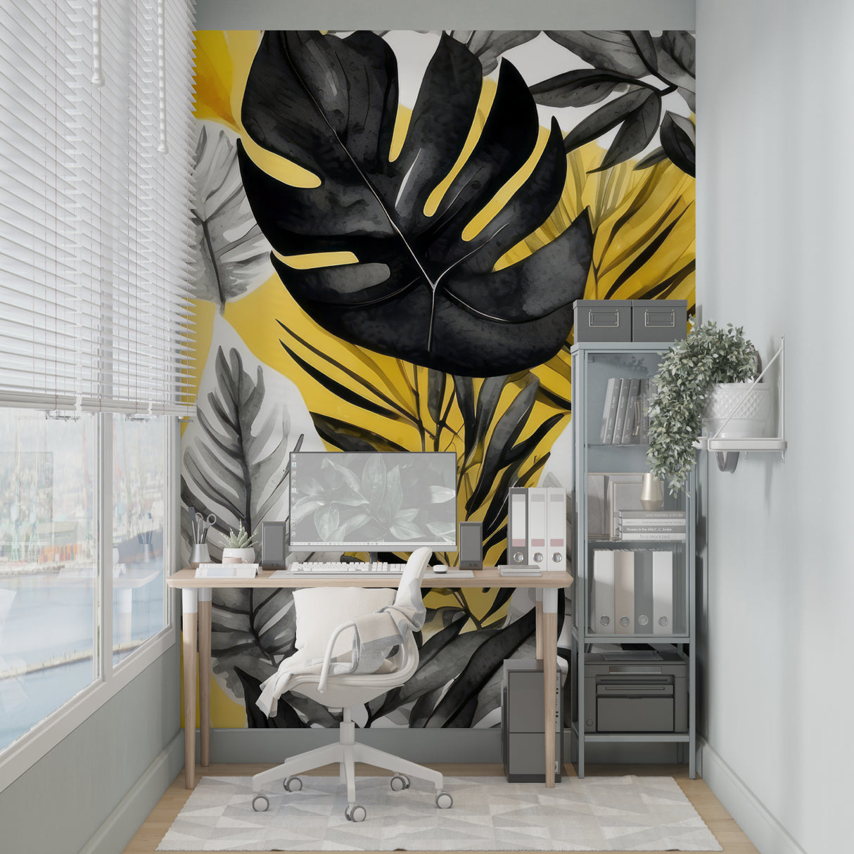 Modern living room featuring black Monstera leaf wallpaper with yellow background, creating a bright contemporary atmosphere