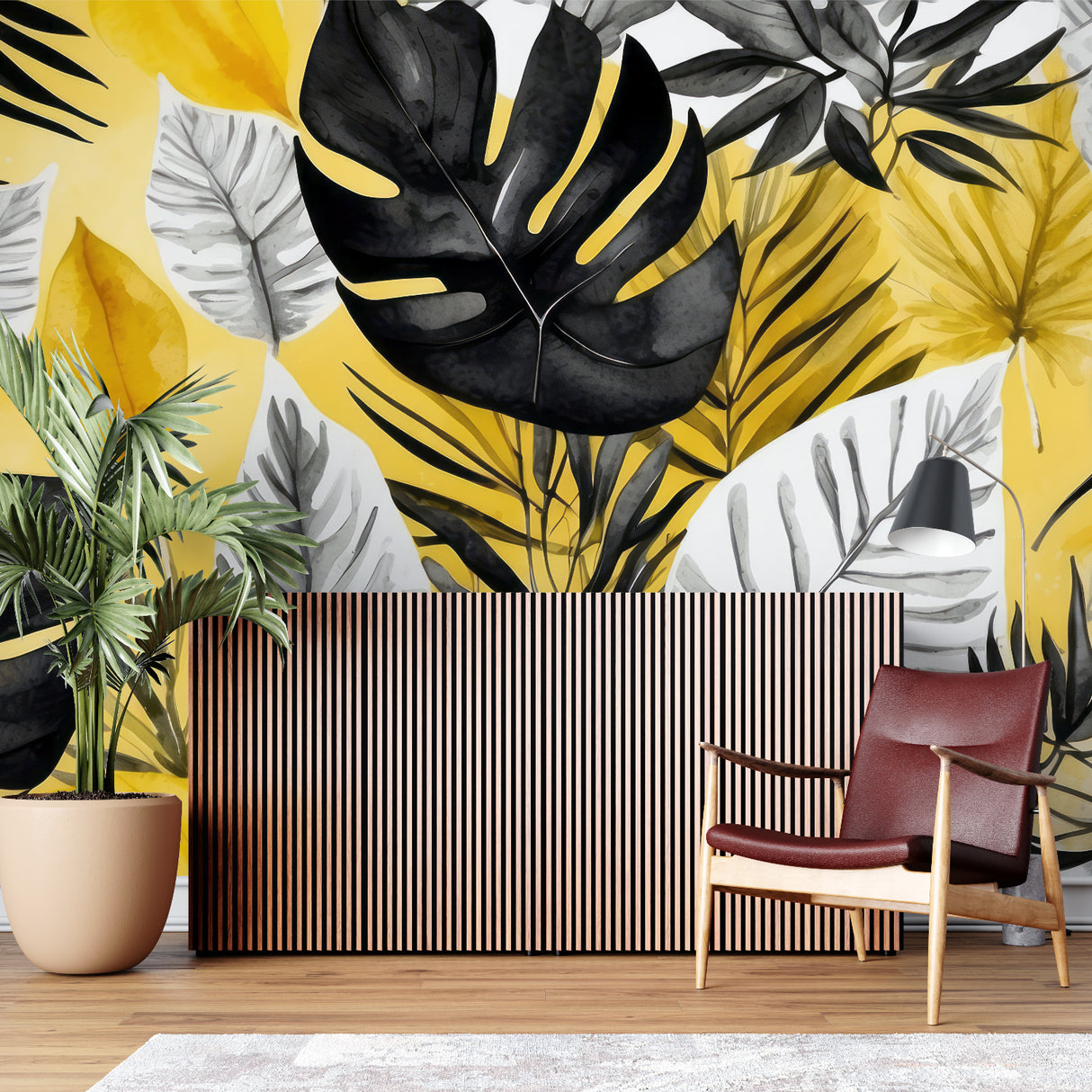 Dining area transformed by tropical Monstera leaf wallpaper in striking black and yellow