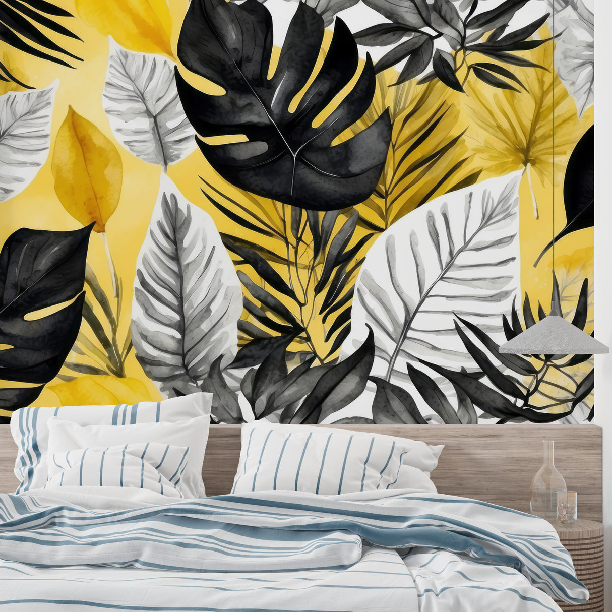 Bedroom accent wall with black Monstera leaves on yellow background creating a cozy yet bold look