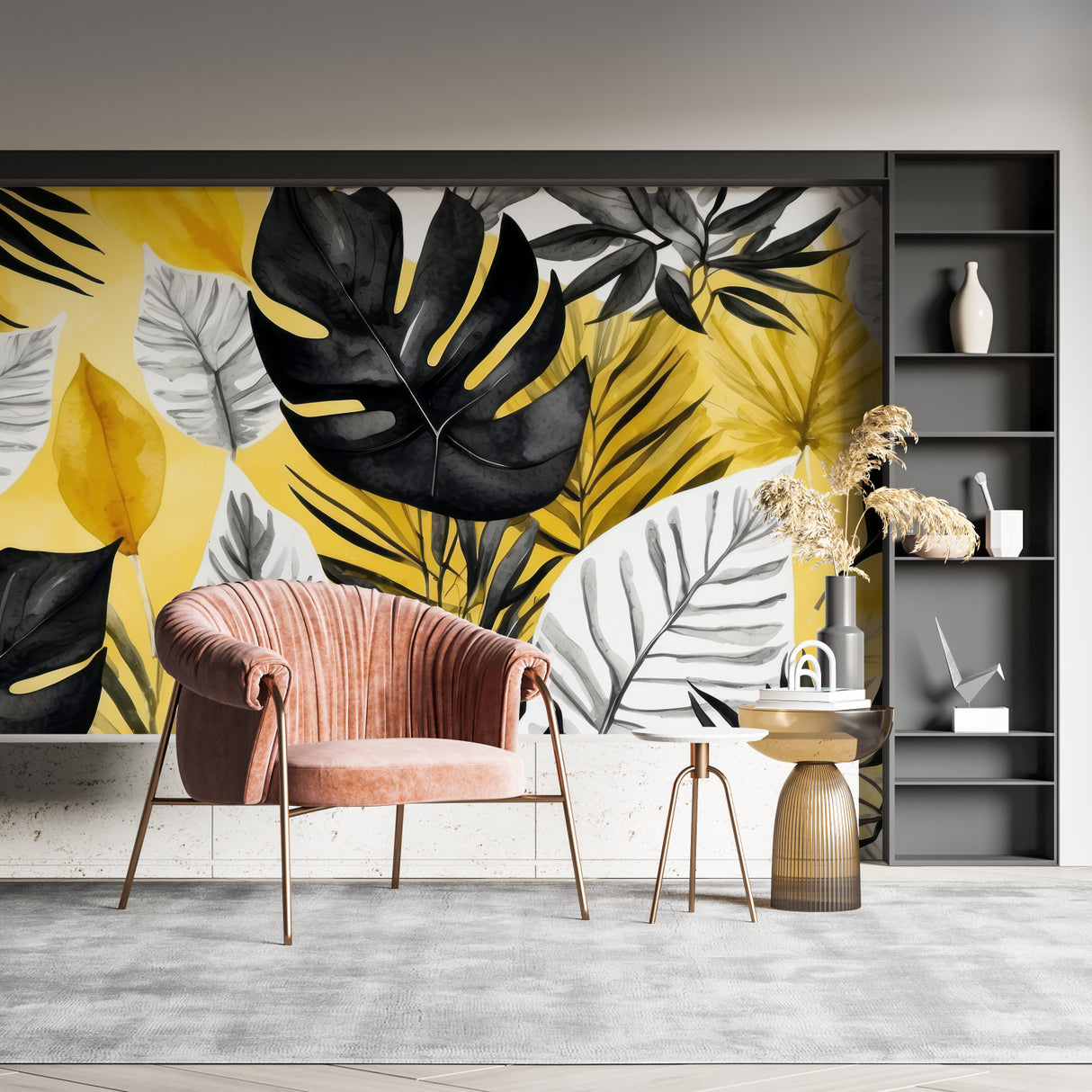 Restaurant interior featuring dramatic black and yellow Monstera leaf wall mural