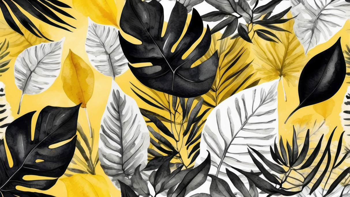 Design file of black Monstera leaves pattern on yellow background showing full mural details