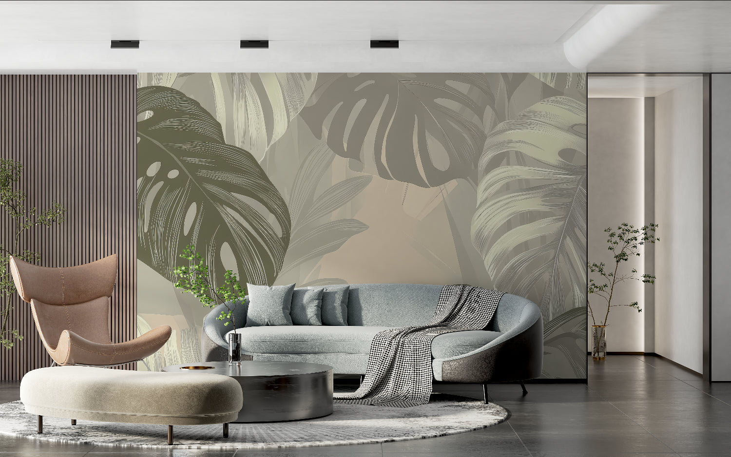 Monstera leaf mural bringing nature indoors in a minimalist entrance hallway