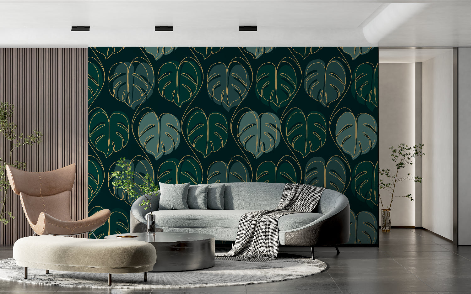 Green and gold monstera wallpaper creating depth in dining room setting