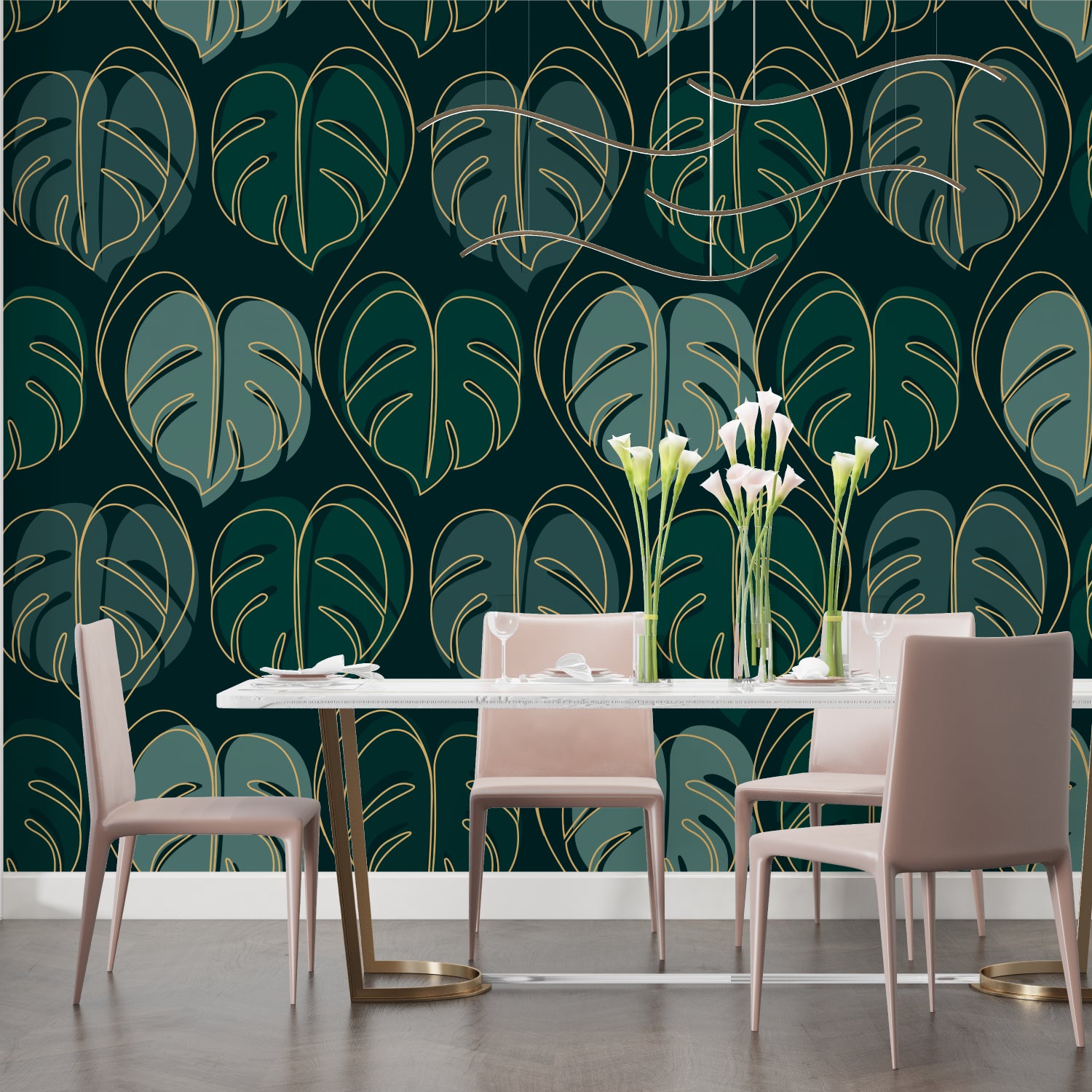 Art deco monstera pattern displayed in home office with afternoon light
