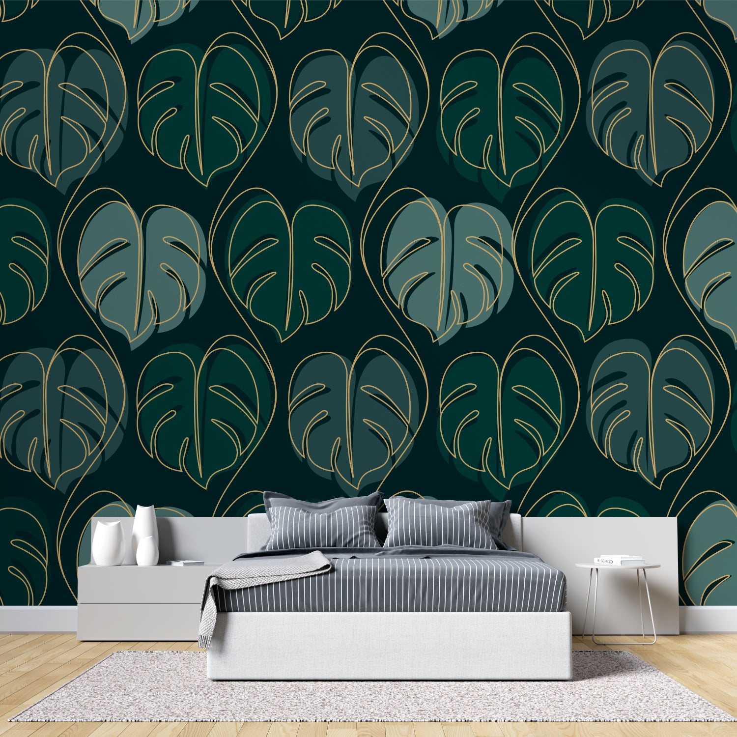 Green and gold leaf pattern adding luxury to entrance hallway