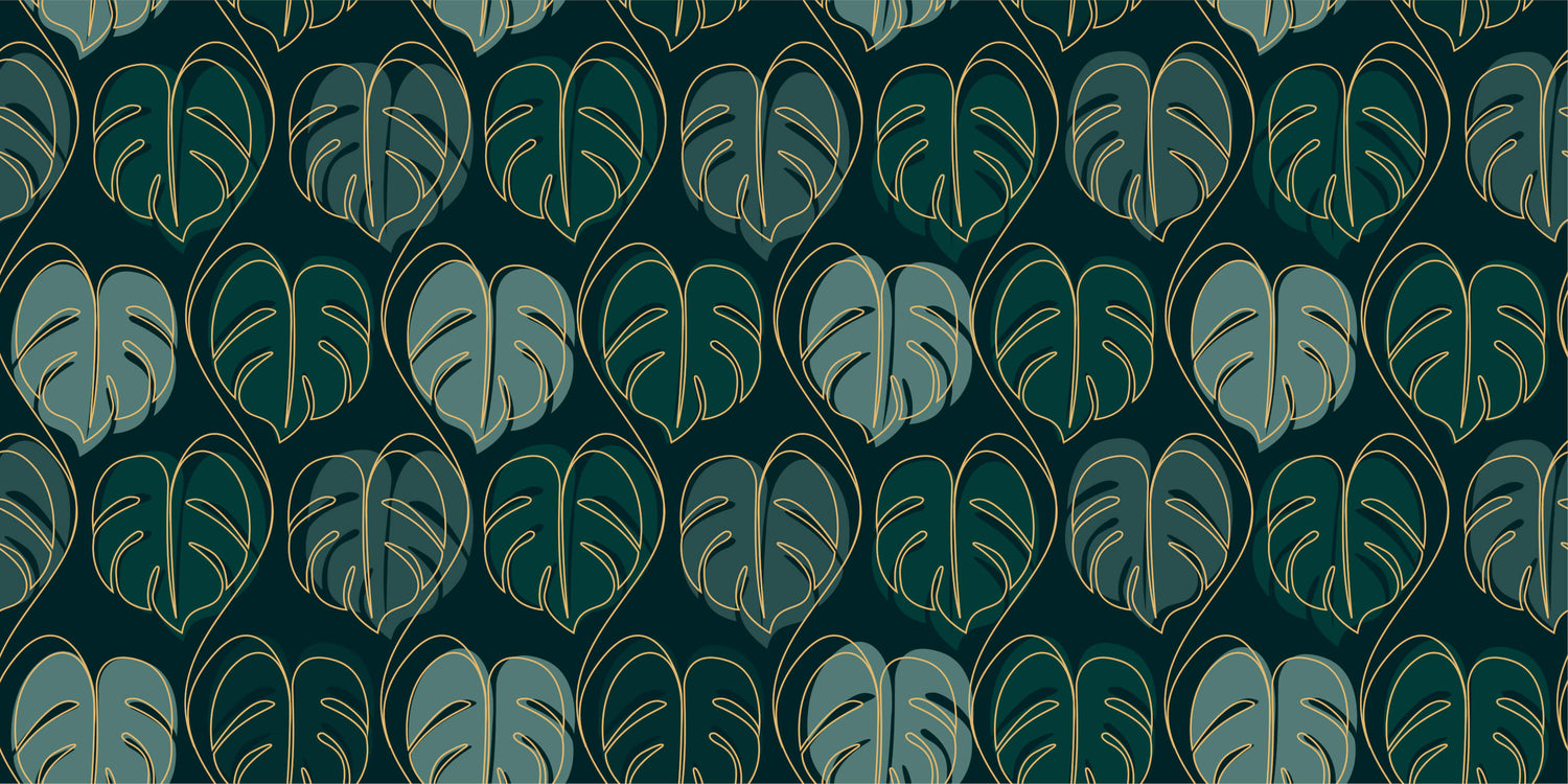 Monstera leaf design file showing detailed gold outline on emerald green background