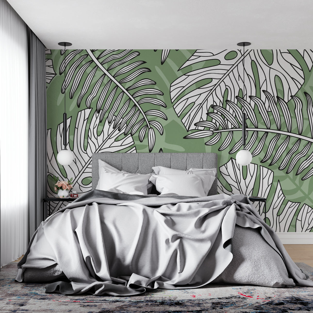 Home office featuring green and white Monstera wall mural adding natural calm