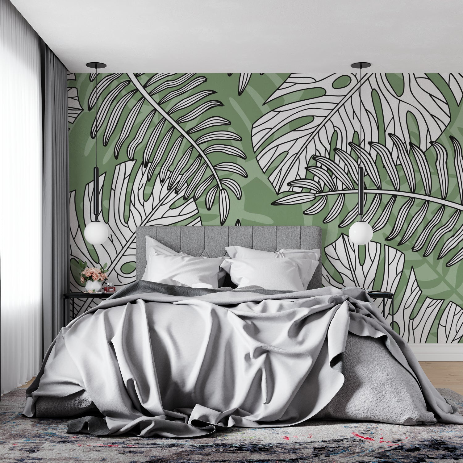 Home office featuring green and white Monstera wall mural adding natural calm