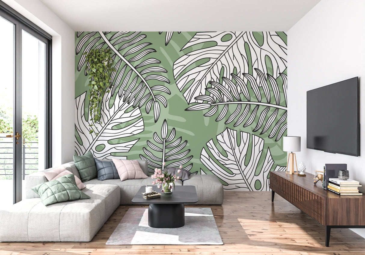 Dining room with botanical line art wallpaper in soft sage green