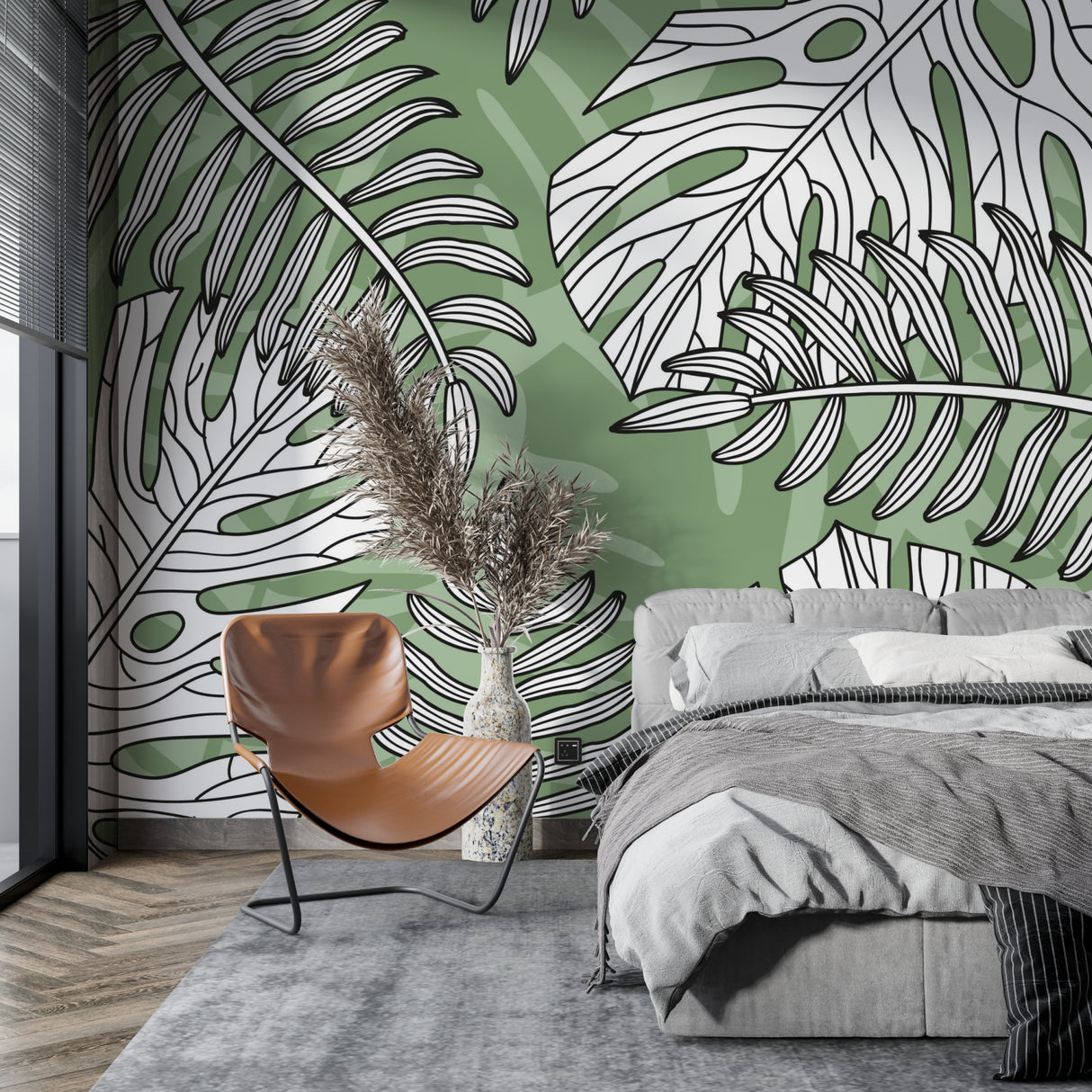 Bedroom wall with minimalist Monstera leaf pattern creating a peaceful space