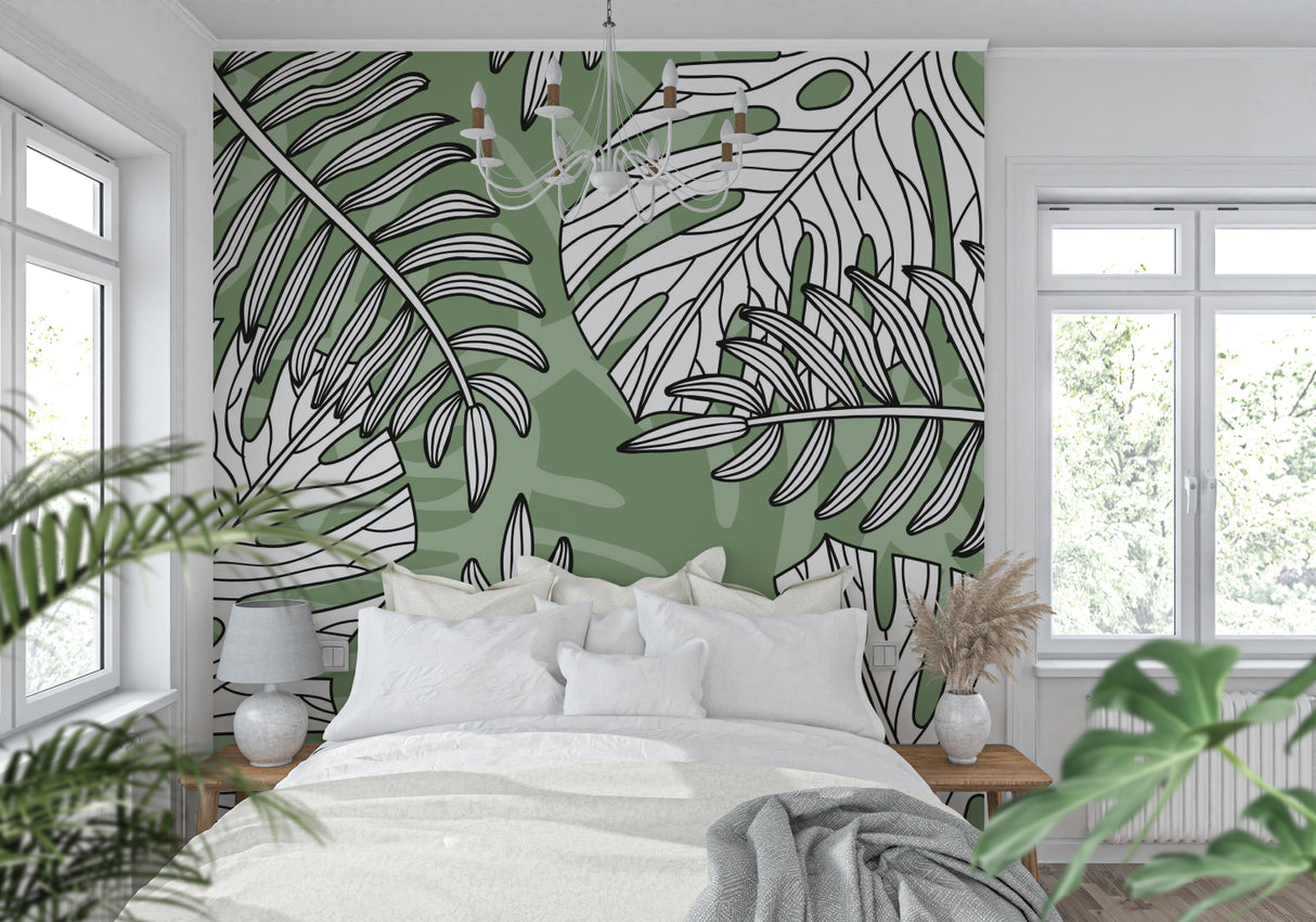 Entryway showcasing green Monstera line art mural in natural light