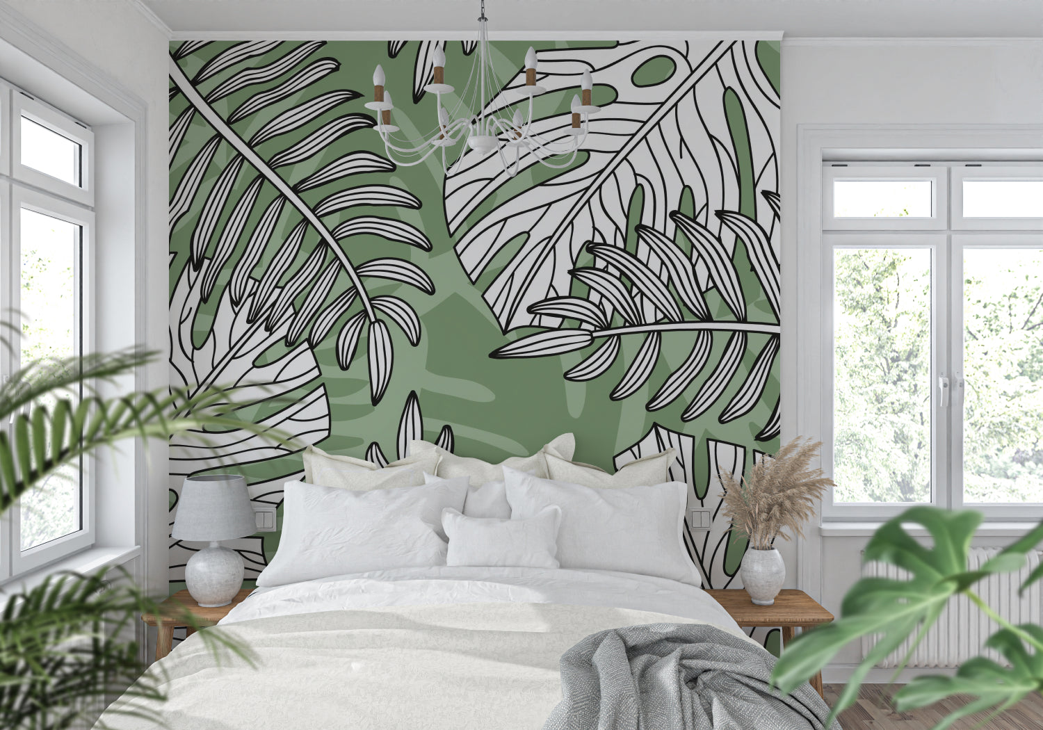 Entryway showcasing green Monstera line art mural in natural light