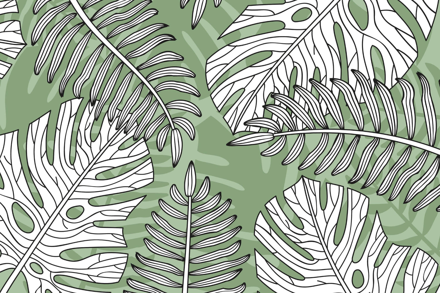 Monstera leaf pattern design file showing detailed white line work on sage green background