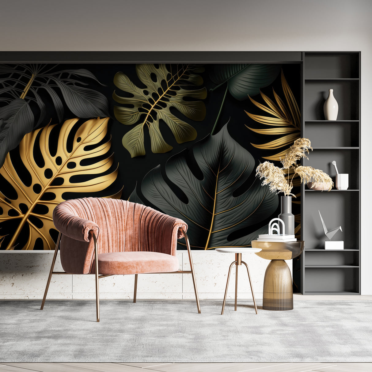 Black and gold monstera wall mural in dining room with crystal chandelier