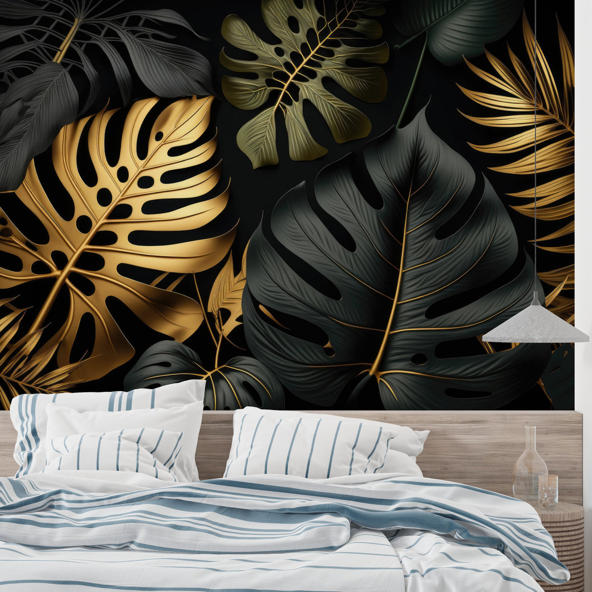 Dark tropical wallpaper featuring gold leaves in boutique hotel lobby