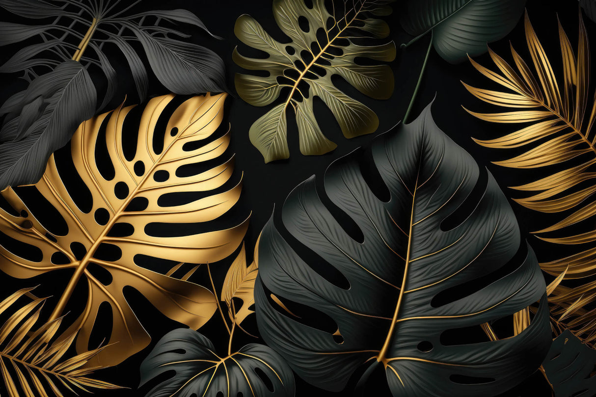 Black and gold monstera leaf design file showing intricate pattern details and metallic accents