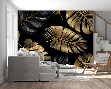 Luxury Gold Monstera Leaf Wallpaper in modern living room with black accent furniture