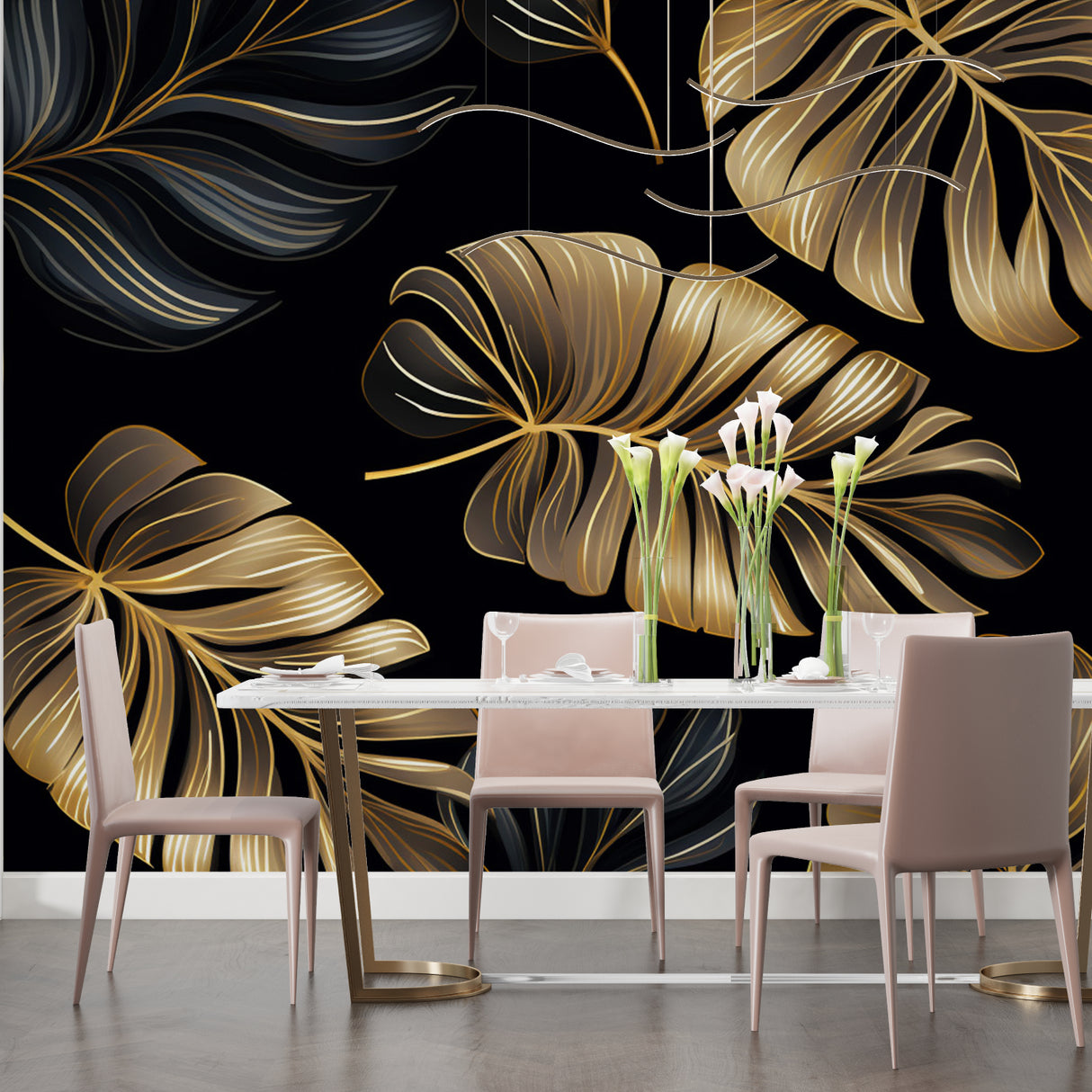Black and Gold Tropical Wallpaper creating drama in dining room setting