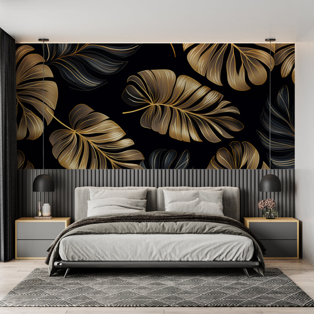 Metallic Gold Monstera Wallpaper in master bedroom with mood lighting