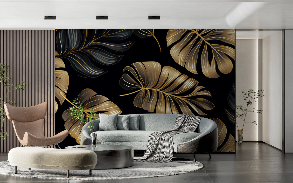 Gold Leaf Wallpaper Mural in home office with minimal decor