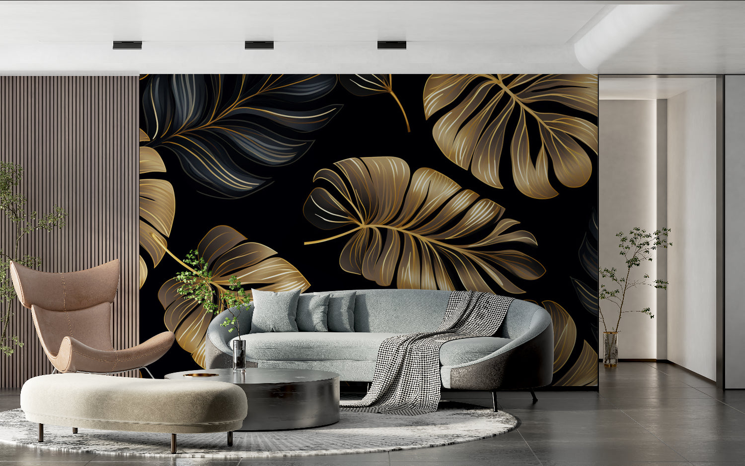 Gold Leaf Wallpaper Mural in home office with minimal decor
