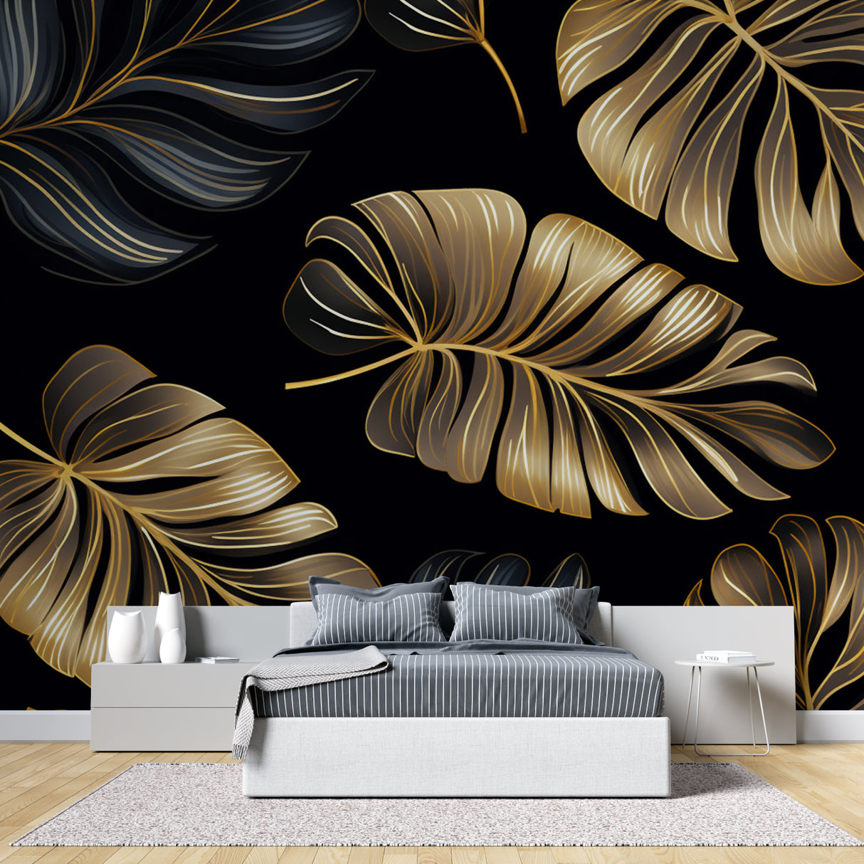 Tropical Gold Monstera Wallpaper in hallway with natural light