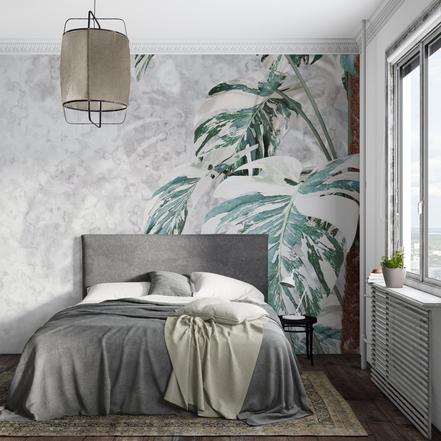 Bedroom wall with tropical Monstera leaf pattern blending marble and botanicals