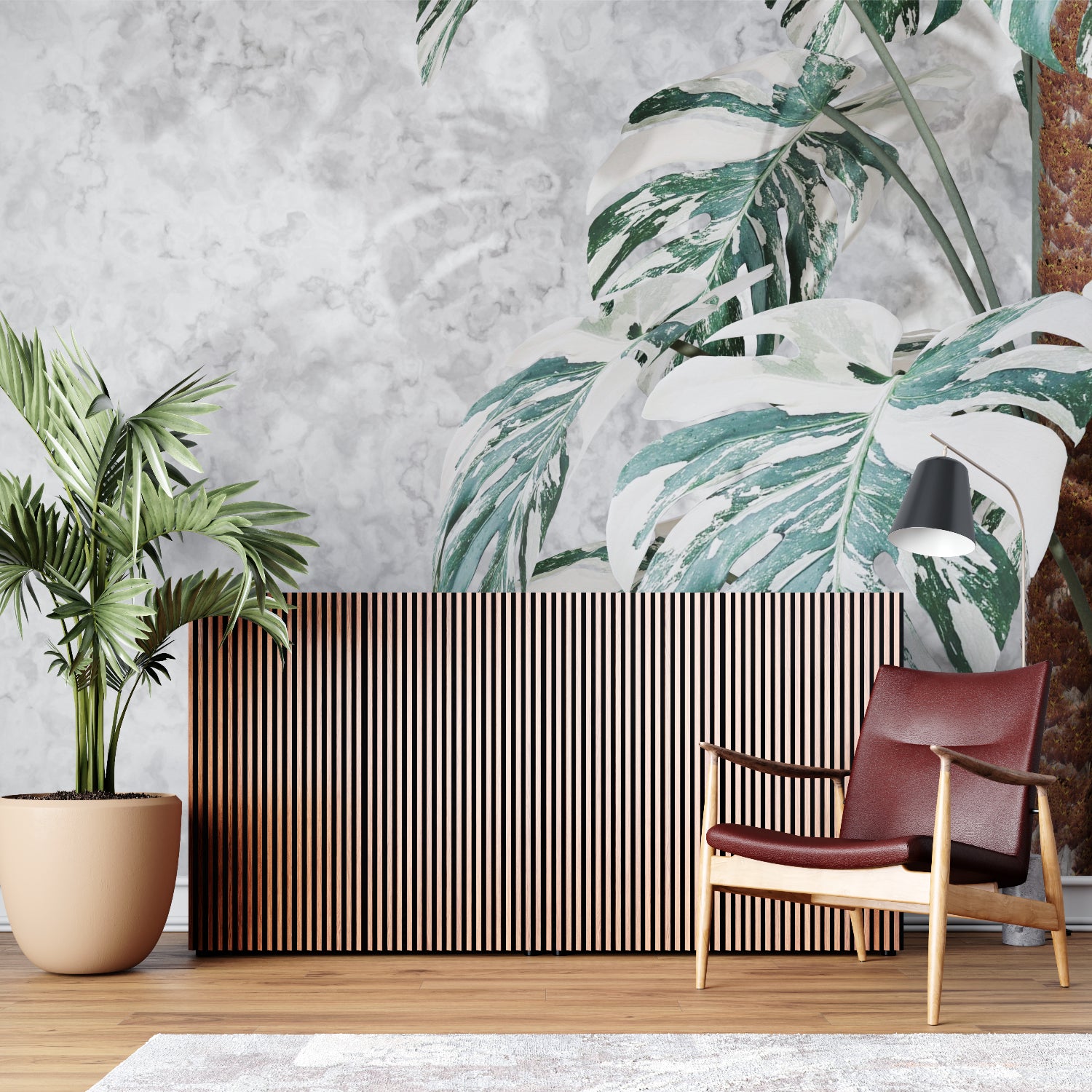 Entryway transformed with luxury Monstera marble wallpaper design