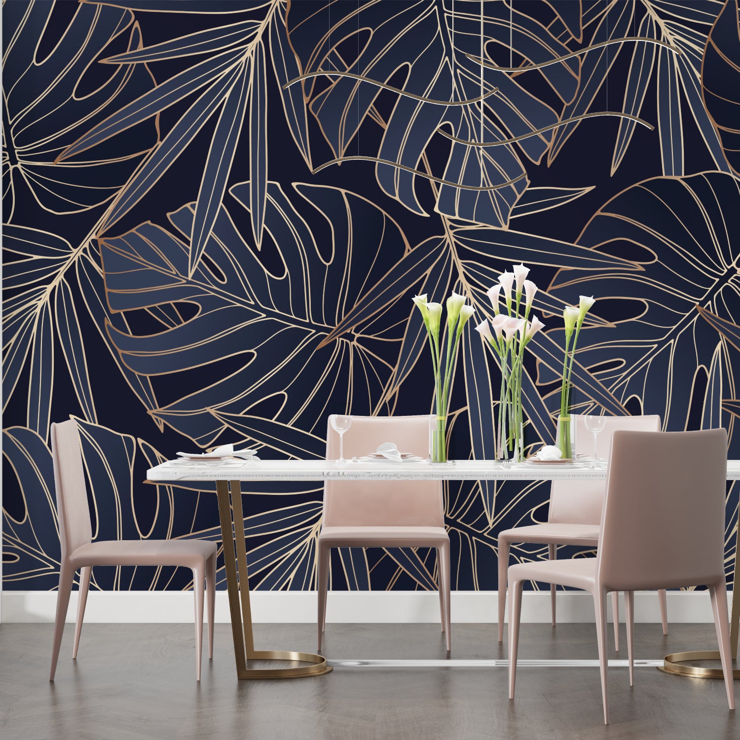 Home office with Navy and Gold Botanical Wallpaper showing clean lines