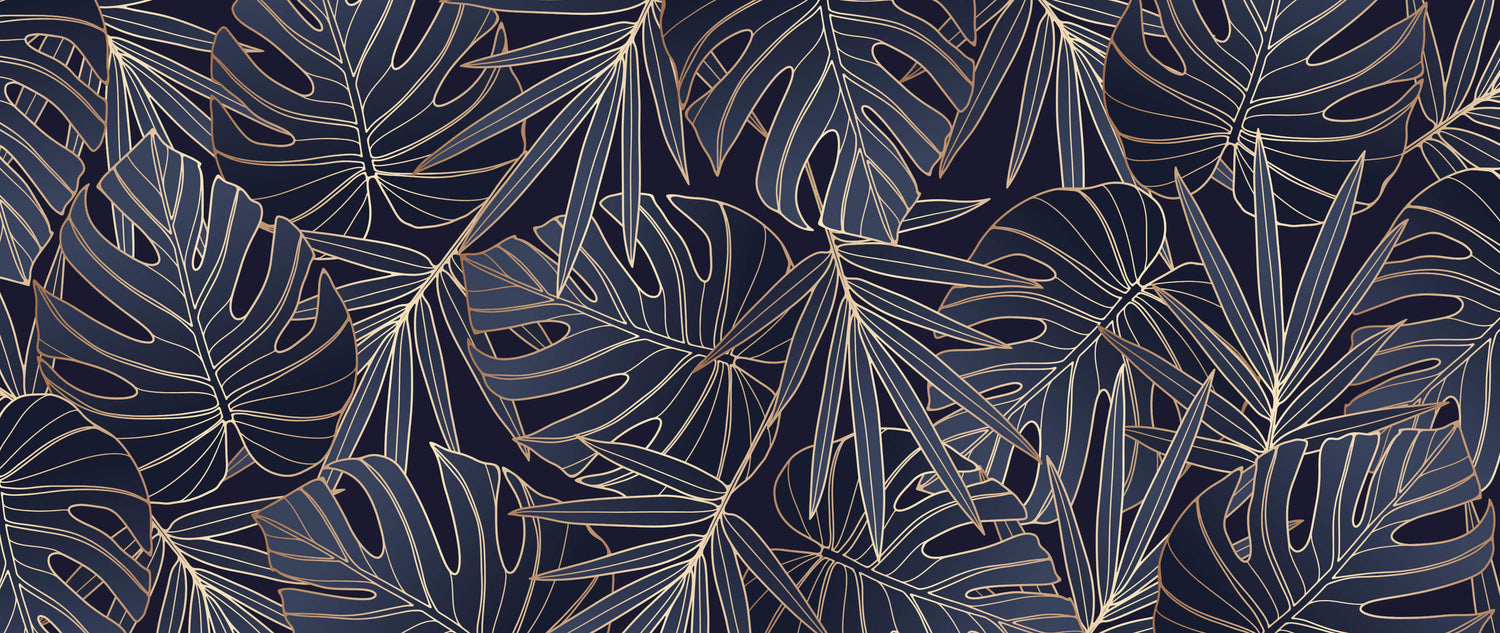 Gold Monstera Line Art design file on navy background showing intricate leaf pattern details