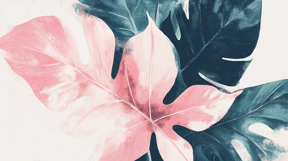 Pink and teal Monstera leaf wallpaper design file showing intricate botanical pattern