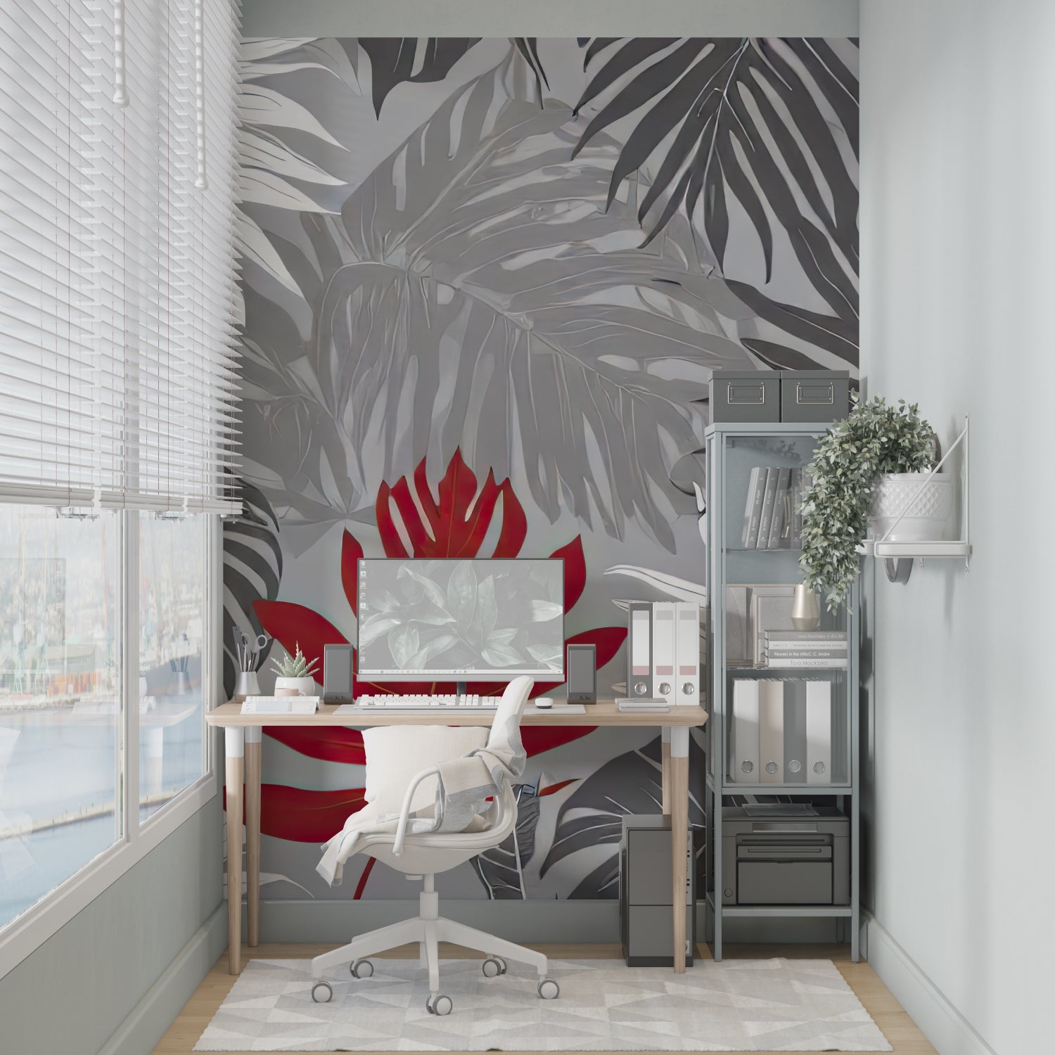 Tropical monstera wallpaper creating focal point in dining room with wooden table