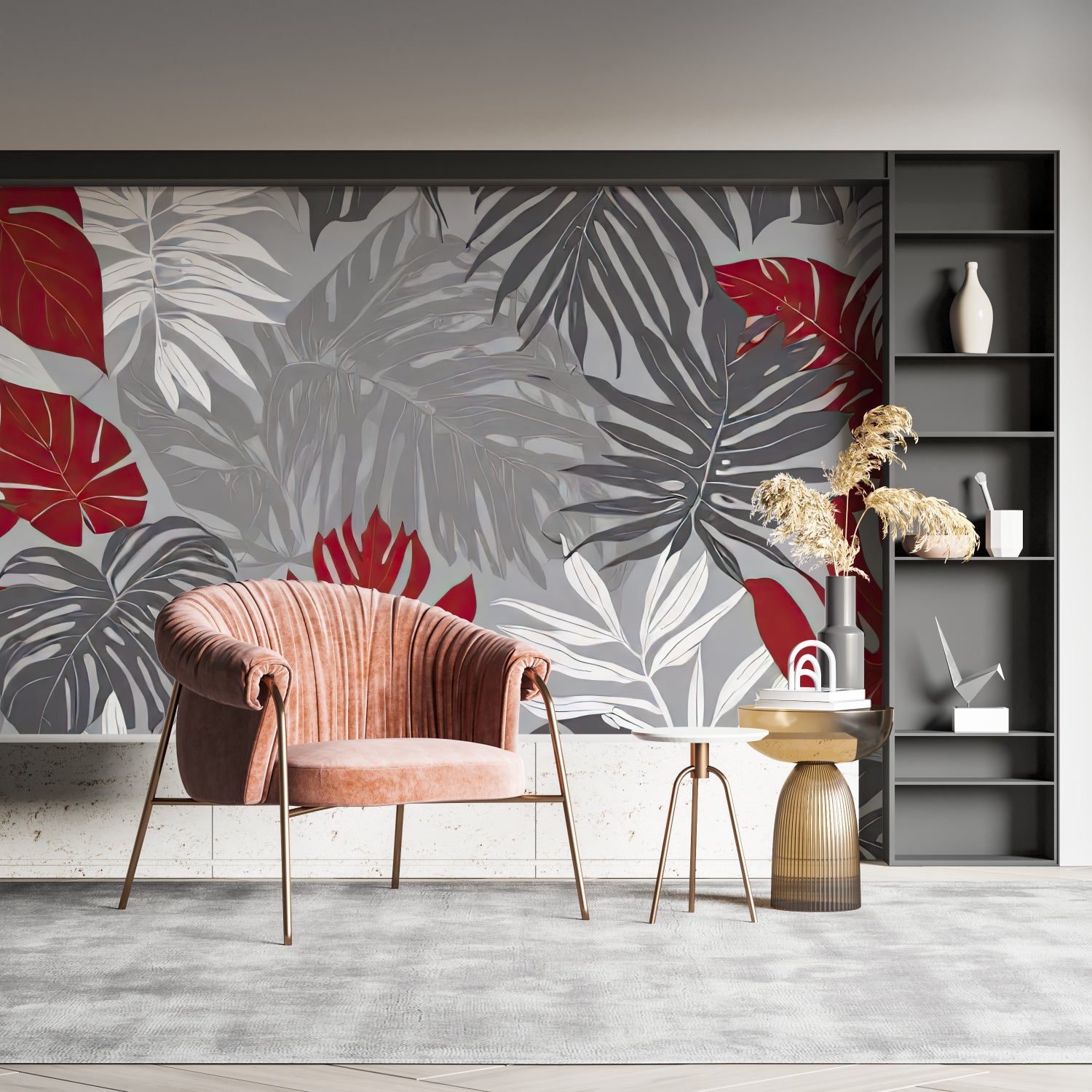 Bold red monstera leaf mural in home office with white desk and plants