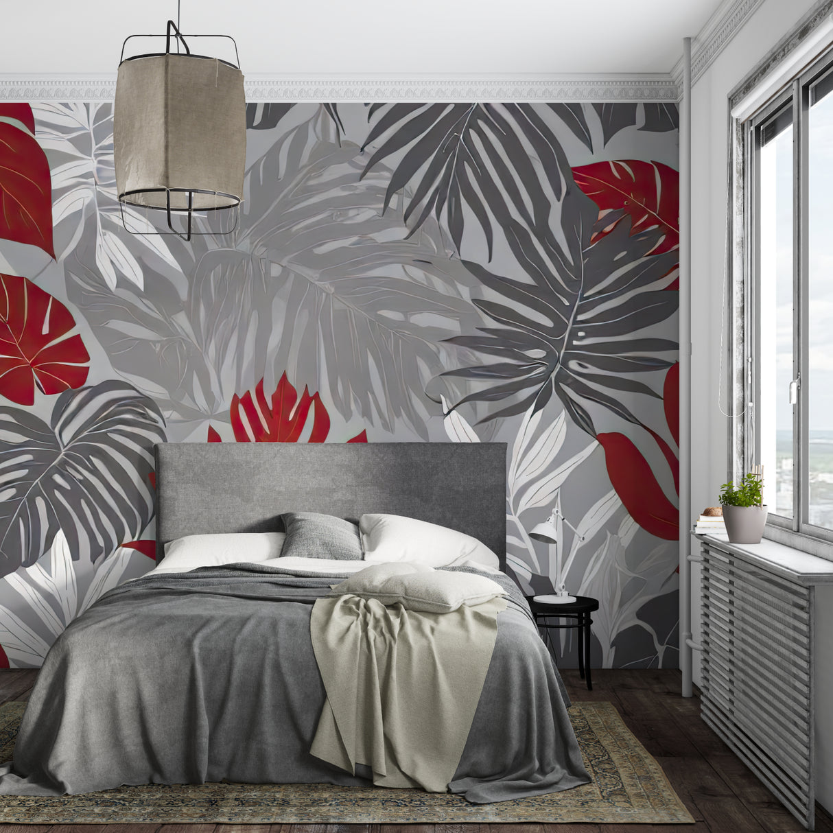 Modern tropical wallpaper with red leaves in master bedroom setting