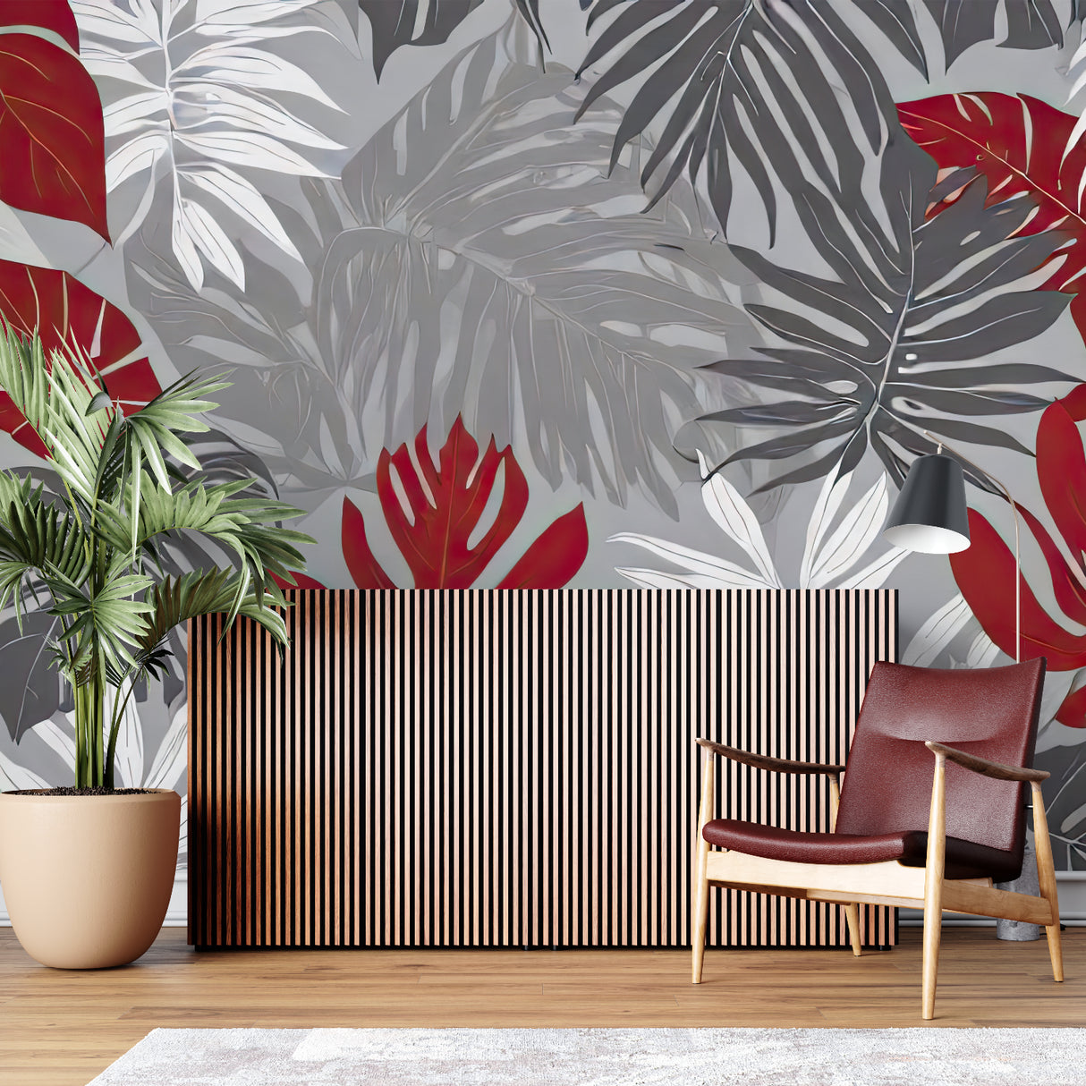 Botanical wall mural showing scale in hallway with minimal furniture