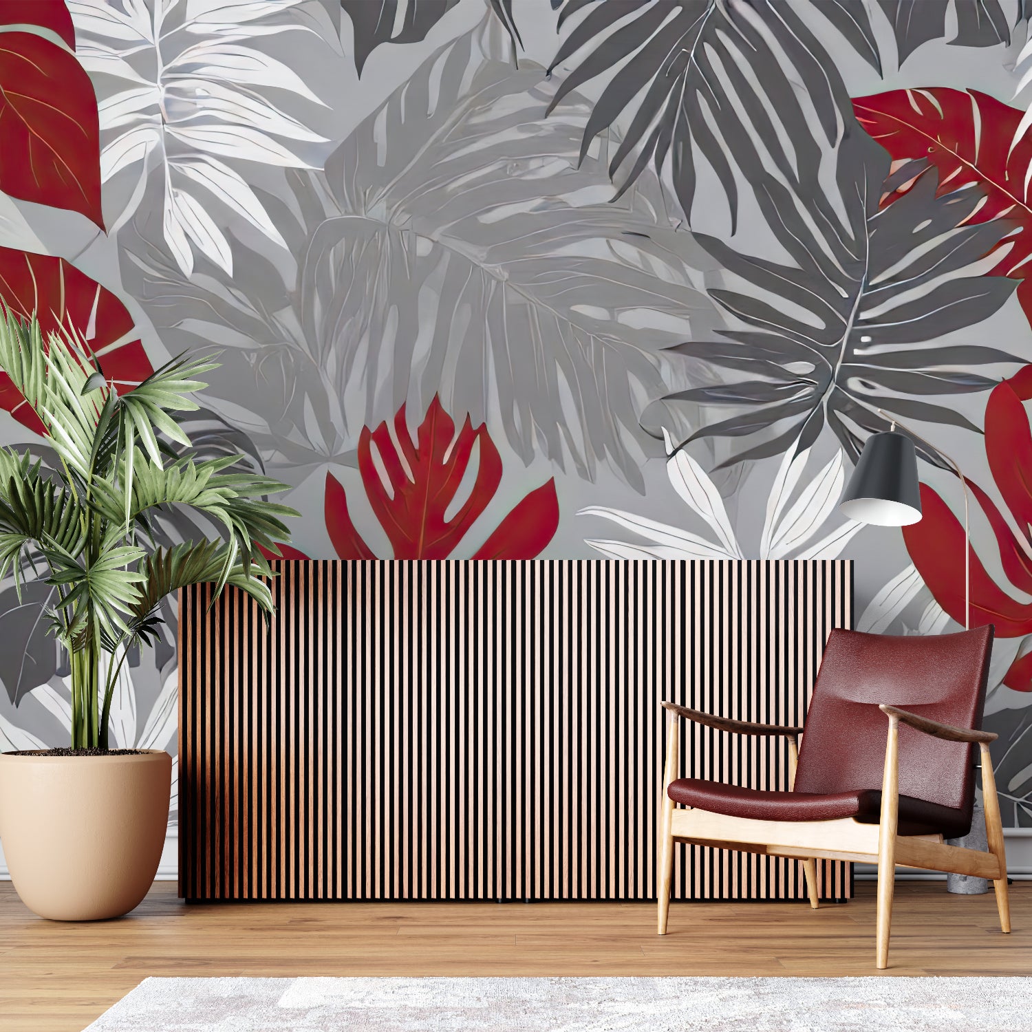 Botanical wall mural showing scale in hallway with minimal furniture