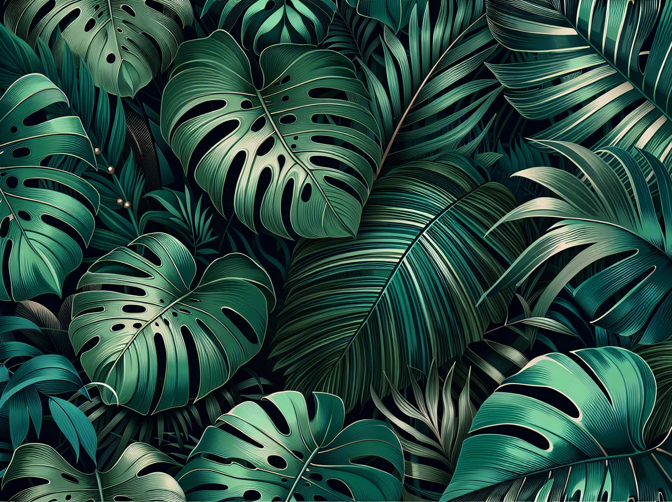 Monstera wallpaper design file showing detailed dark green tropical leaves pattern on black background