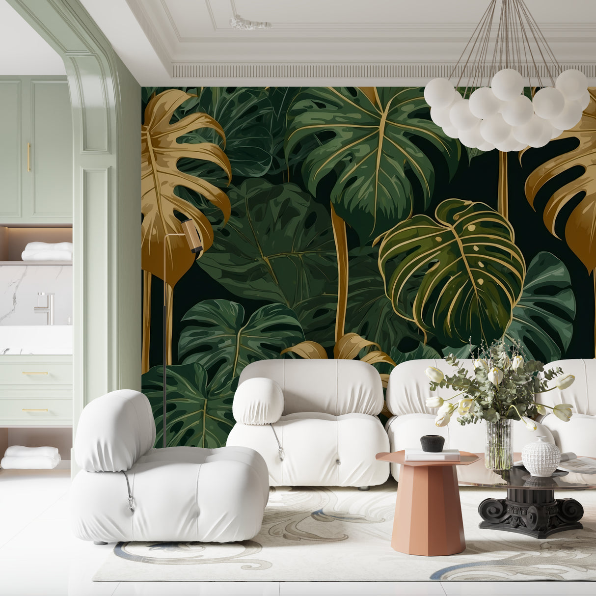 Hallway showcasing large-scale Monstera leaf wallpaper design