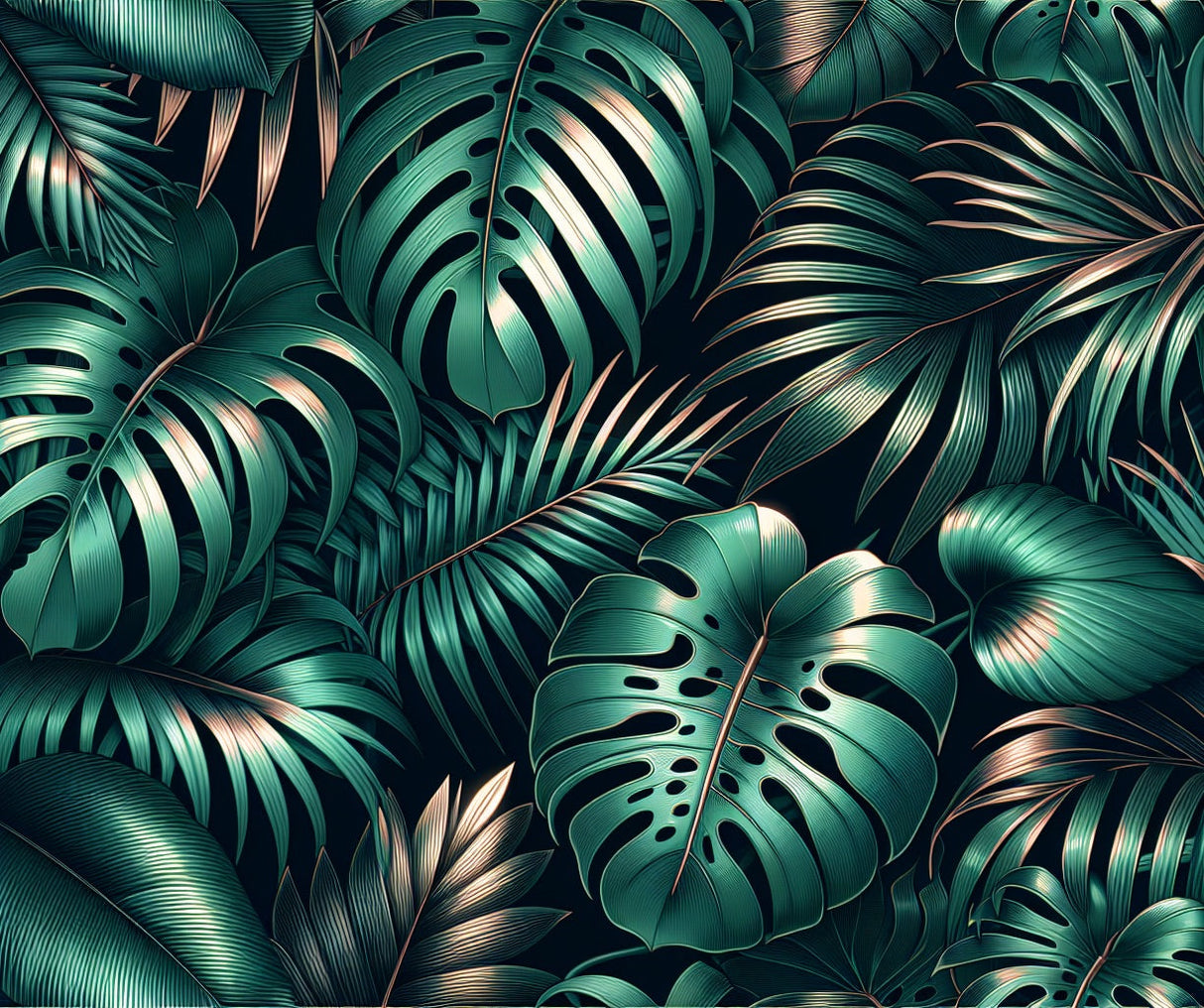 Tropical monstera wallpaper design file showing detailed green leaves and metallic gold accents on black