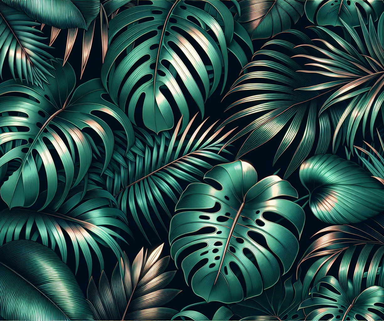 Tropical monstera wallpaper design file showing detailed green leaves and metallic gold accents on black