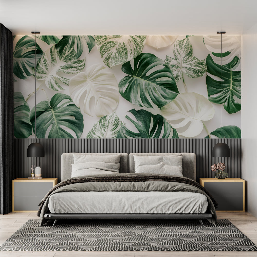 Modern living room with Monstera leaf wallpaper creating a fresh tropical atmosphere