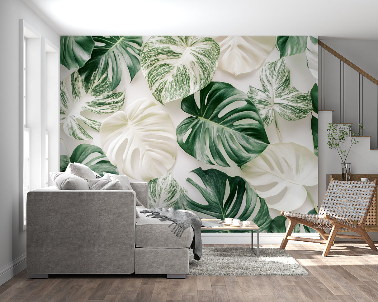 Dining room featuring green and white Monstera leaf mural adding natural elegance