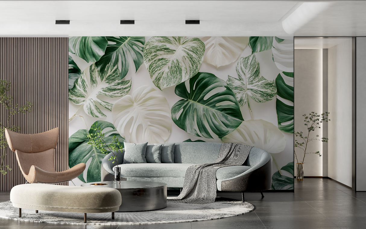 Home office with botanical Monstera wallpaper bringing outdoor freshness inside