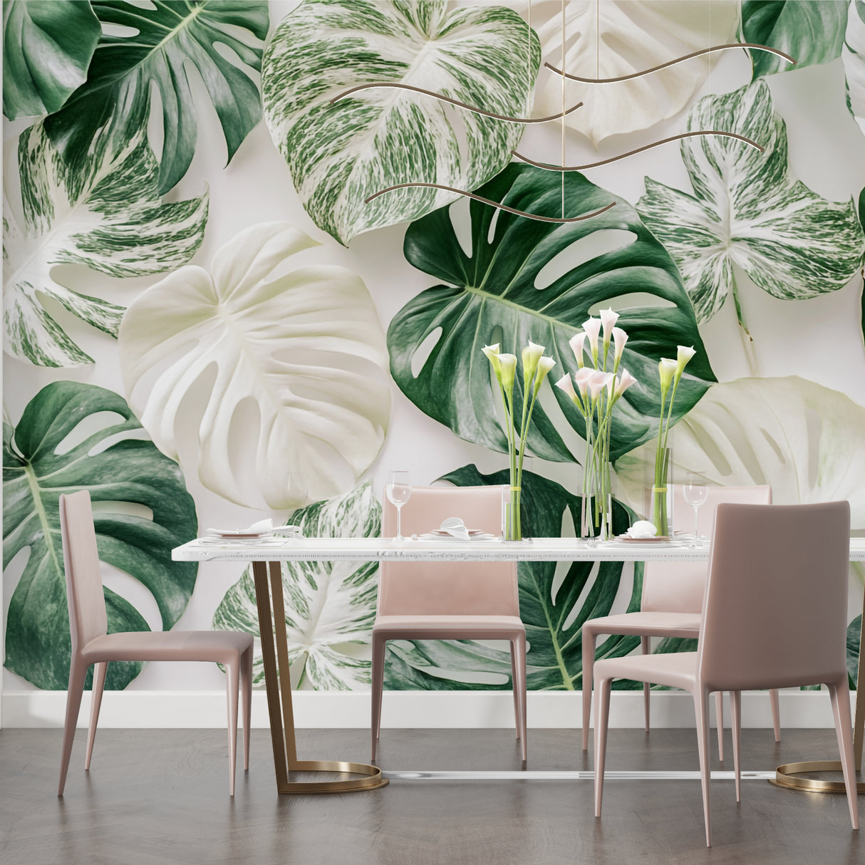 Bedroom transformed with tropical Monstera leaf pattern creating calm atmosphere