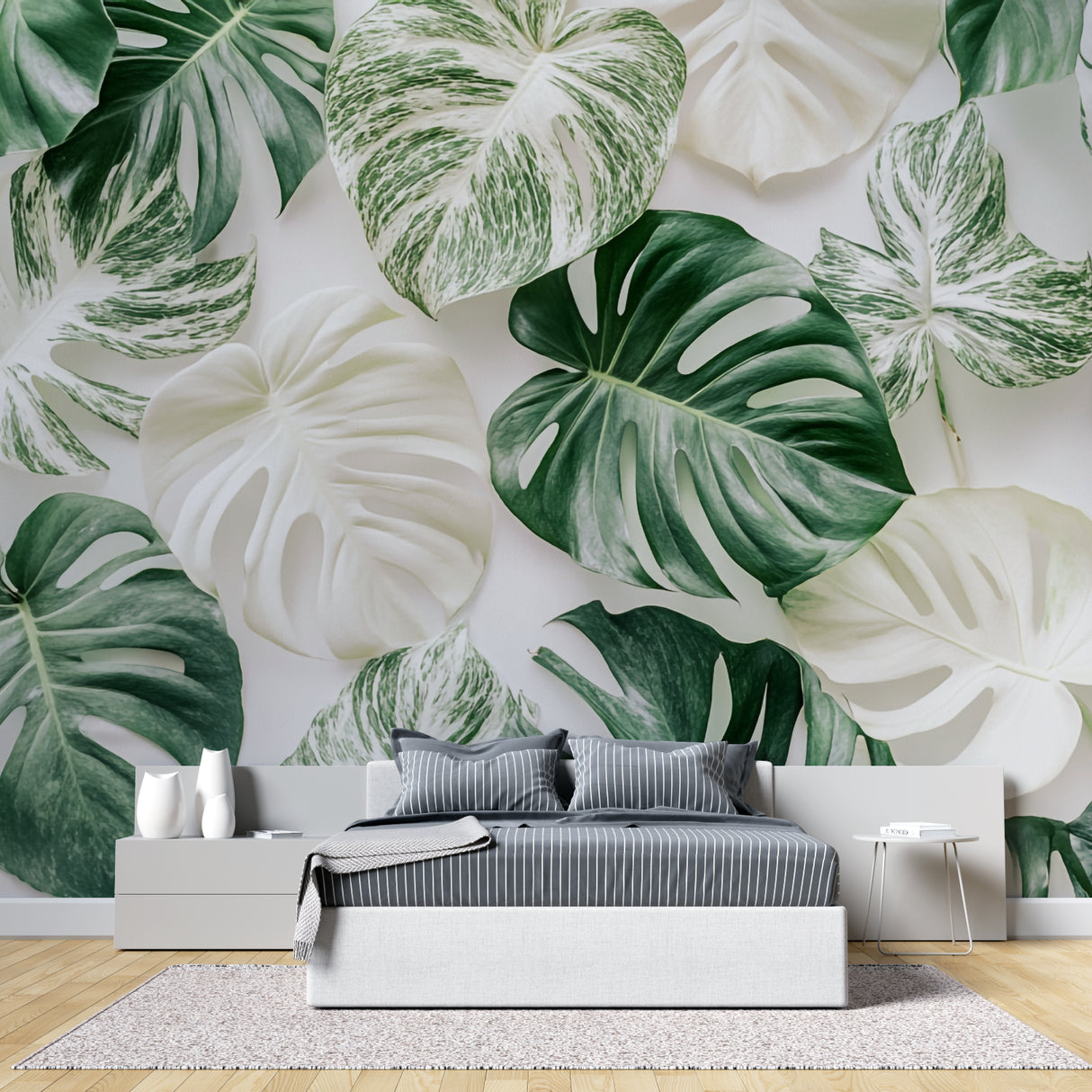 Entryway decorated with green and white Monstera wallpaper making bold statement